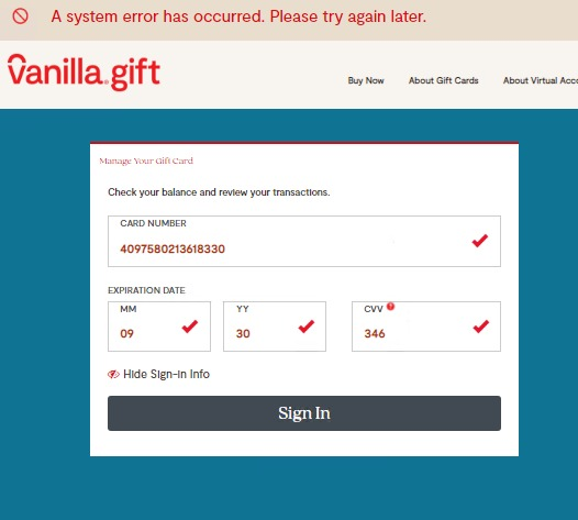 vanilla gift system error